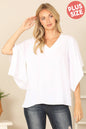 Plus Size White V-Neck Butterfly Sleeve Solid Top