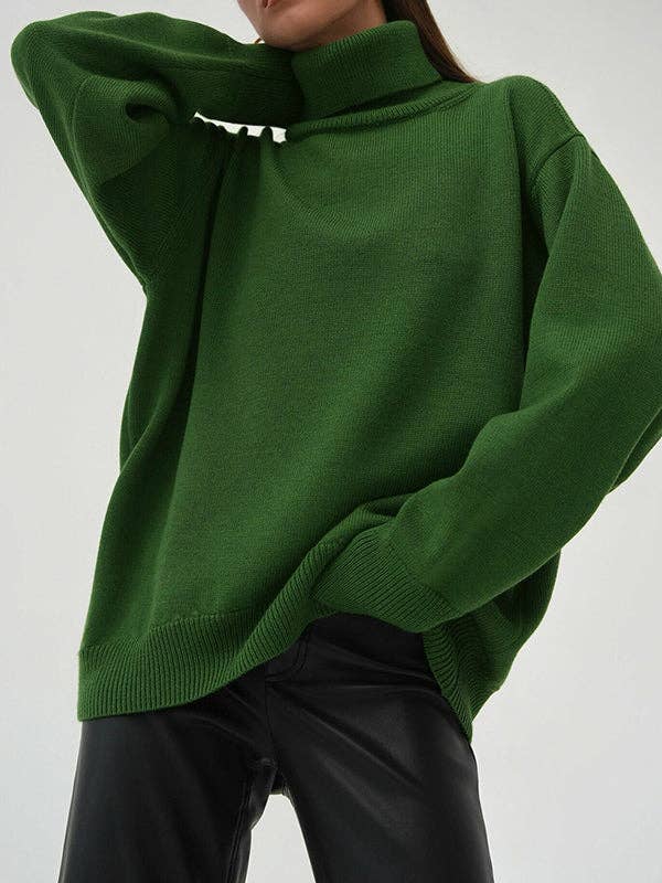 Long Sleeves Loose Solid Color High Neck Knitwear Sweater