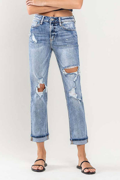 HIGH RISE PAINT SPLATTER CUFFED BOYFRIEND JEANS V2787