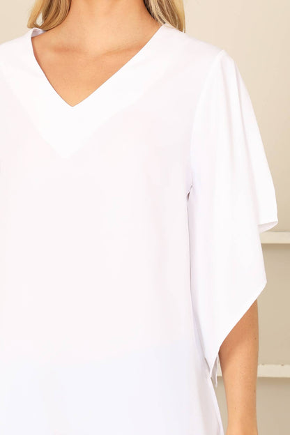 Plus Size White V-Neck Butterfly Sleeve Solid Top