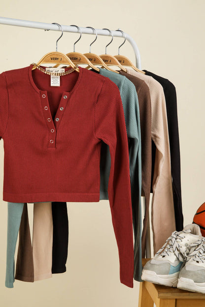 Easy comfy Casual Fitted Crop Henley Knit Top