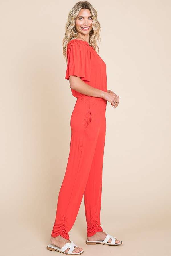 Off Shoulder Peasant Jumpsuit: XL, DESERT