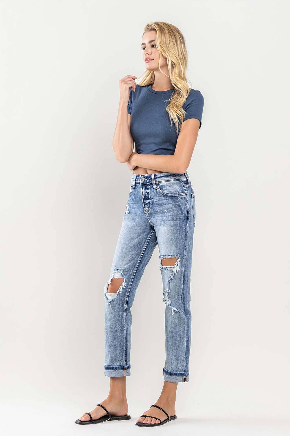 HIGH RISE PAINT SPLATTER CUFFED BOYFRIEND JEANS V2787