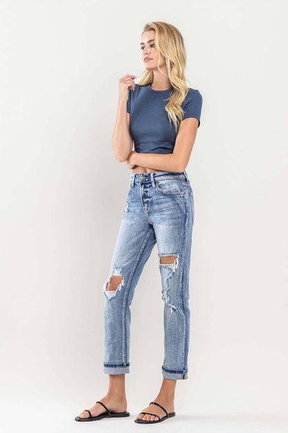 HIGH RISE PAINT SPLATTER CUFFED BOYFRIEND JEANS V2787