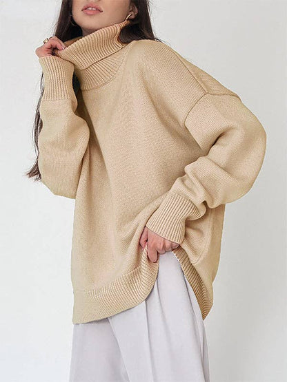 Long Sleeves Loose Solid Color High Neck Knitwear Sweater