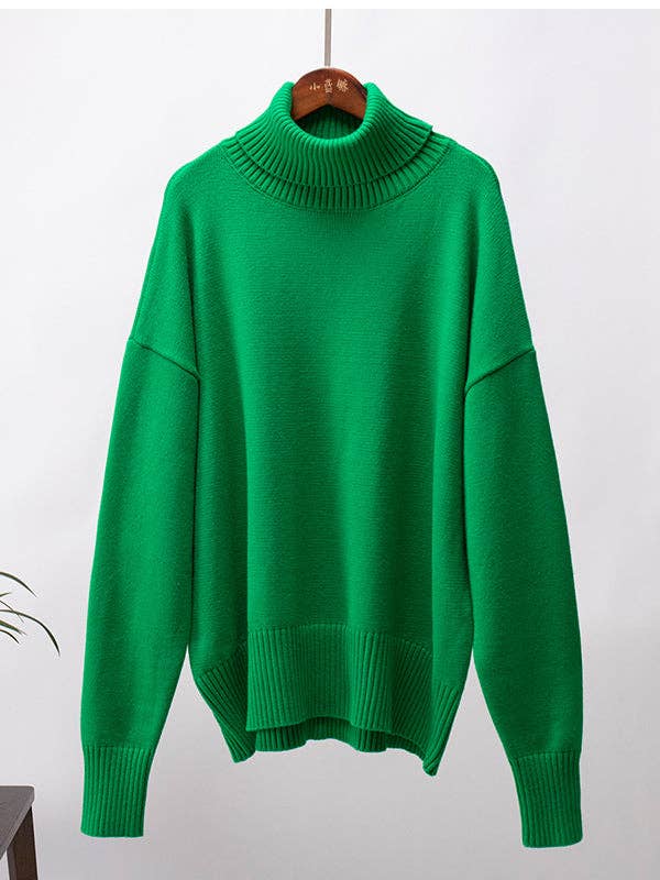 Long Sleeves Loose Solid Color High Neck Knitwear Sweater