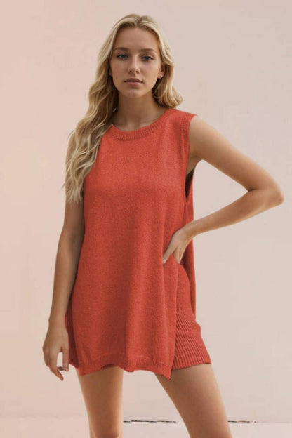 KNIT SPLIT SLEEVELESS VEST SHORTS SUIT