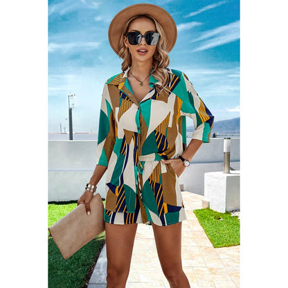 Graphic Print Open Front Pockets Blouse And Short