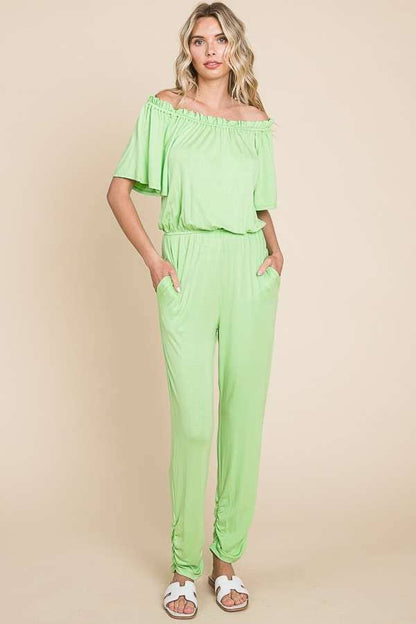 Off Shoulder Peasant Jumpsuit: XL, DESERT