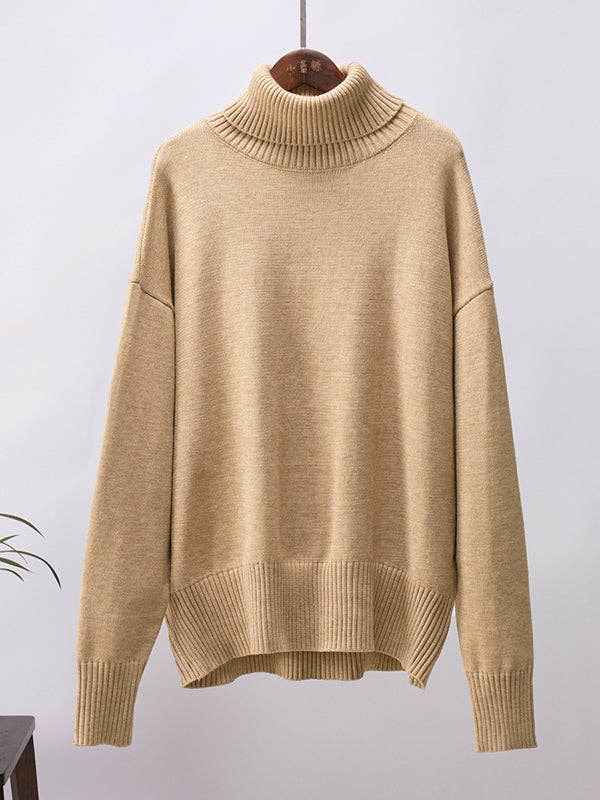 Long Sleeves Loose Solid Color High Neck Knitwear Sweater