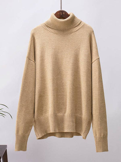 Long Sleeves Loose Solid Color High Neck Knitwear Sweater