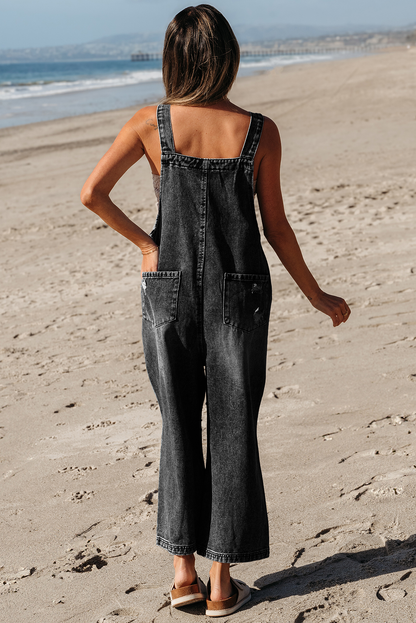 Distressed Pocketed Wide Leg Capri Denim Overall | 2 Colors