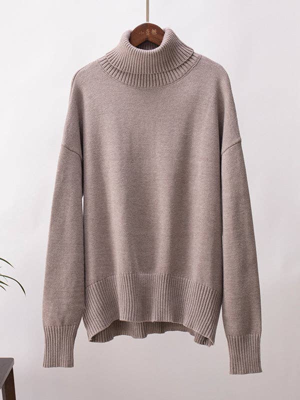 Long Sleeves Loose Solid Color High Neck Knitwear Sweater