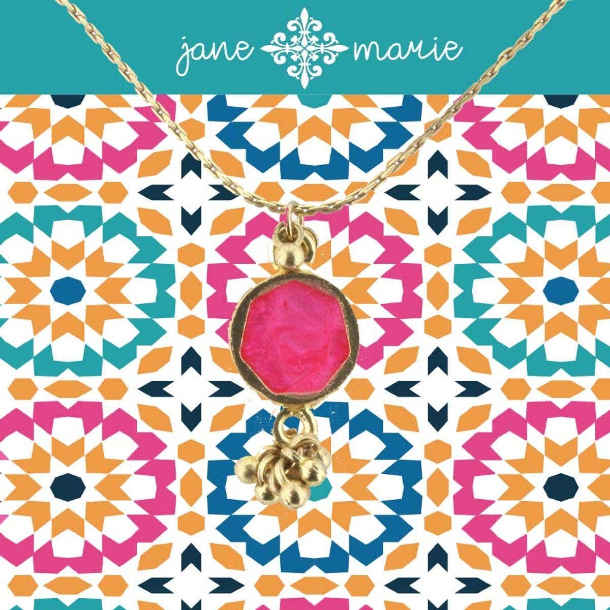16" Hot Pink Sun Stone Necklace with Gold Dangles, 3" Ext.