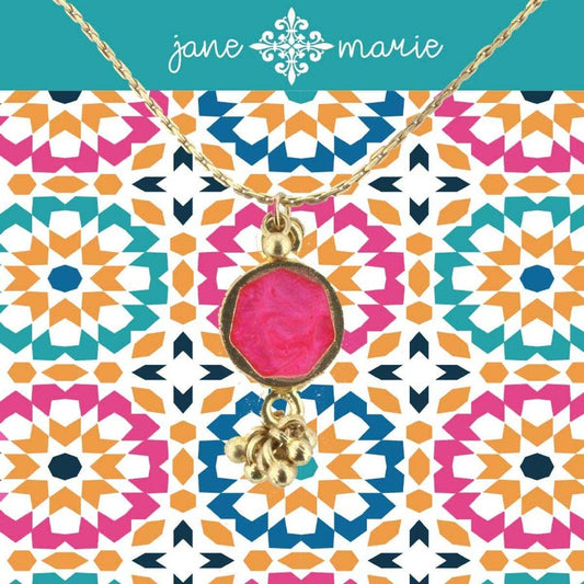 16" Hot Pink Sun Stone Necklace with Gold Dangles, 3" Ext.