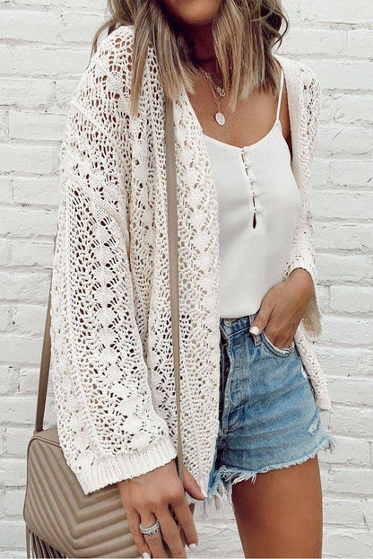 White Hollow Knit Drop Shoulder Cardigan