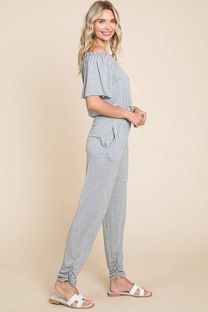 Off Shoulder Peasant Jumpsuit: XL, DESERT