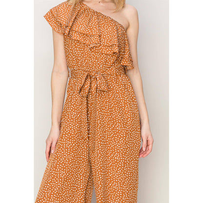 Dot Print Tie Belt One-shoulder Jumpsuit