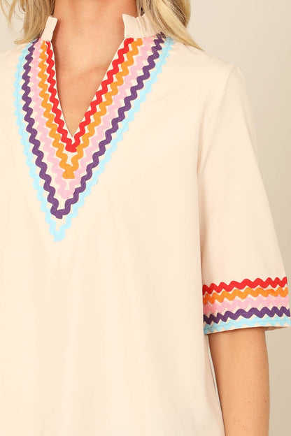 V-Neck Mandarin Collar Wave Half Sleeve Top
