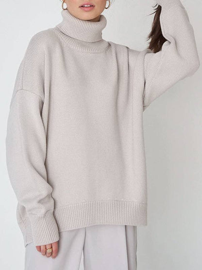 Long Sleeves Loose Solid Color High Neck Knitwear Sweater