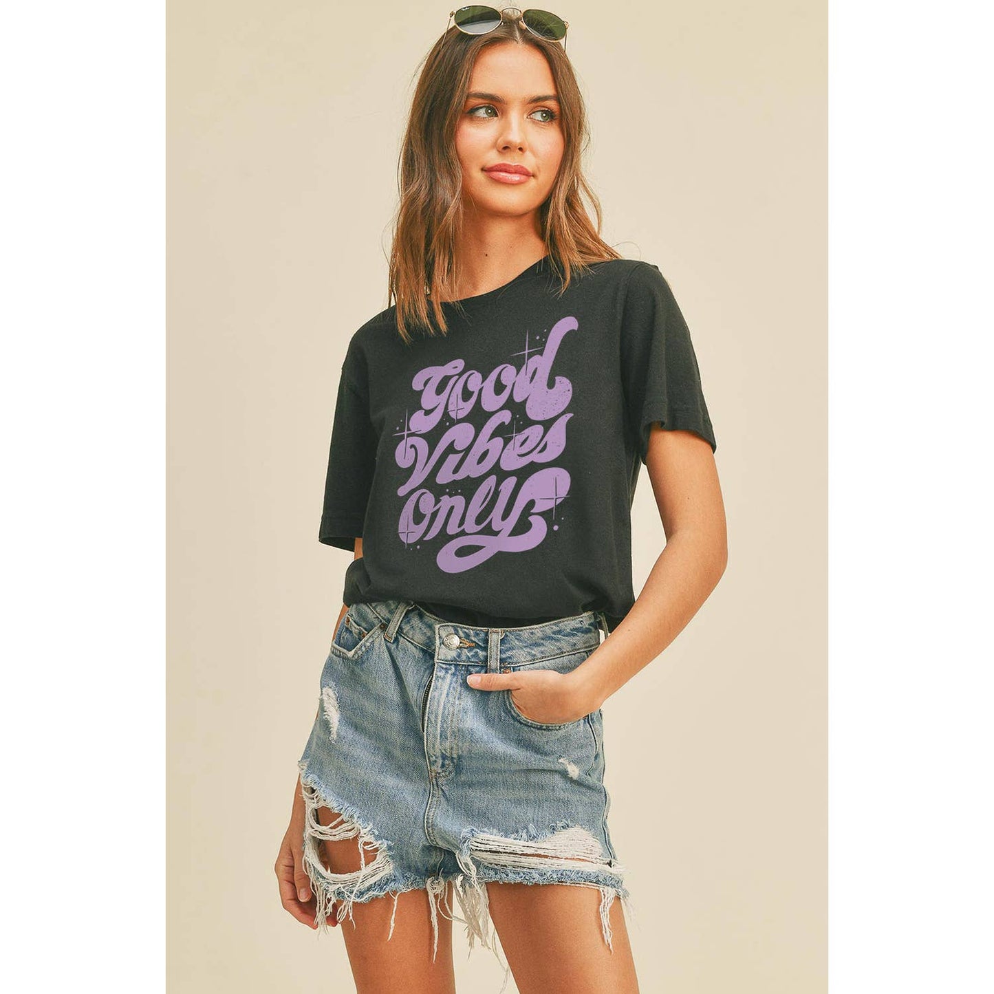 Good Vibes Only Graphic Tee: M, FRENCH NAVY