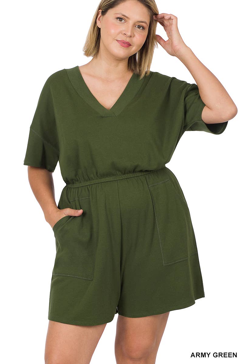 Plus Drop Shoulder V Neck Romper With Pockets
