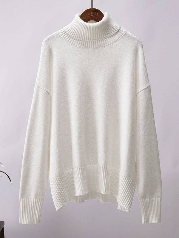 Long Sleeves Loose Solid Color High Neck Knitwear Sweater