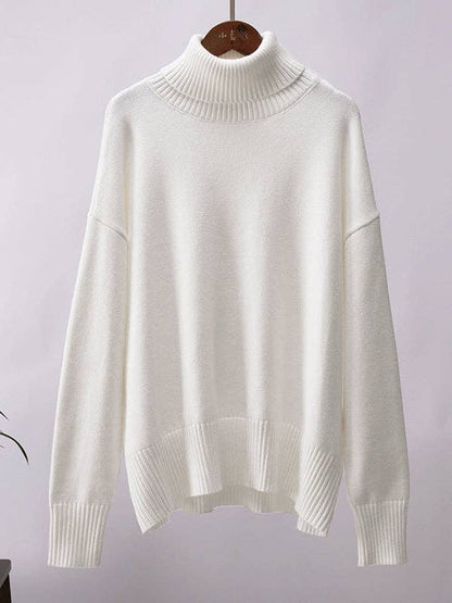 Long Sleeves Loose Solid Color High Neck Knitwear Sweater