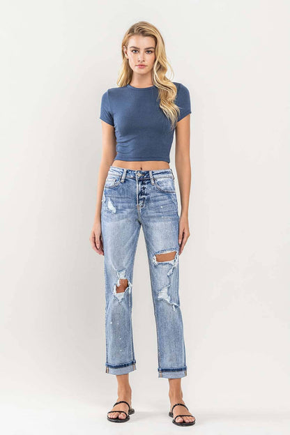 HIGH RISE PAINT SPLATTER CUFFED BOYFRIEND JEANS V2787