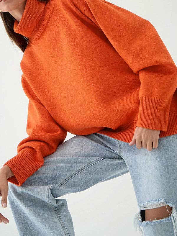 Long Sleeves Loose Solid Color High Neck Knitwear Sweater
