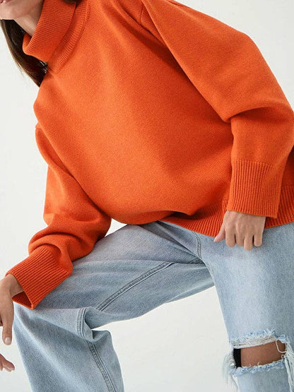 Long Sleeves Loose Solid Color High Neck Knitwear Sweater