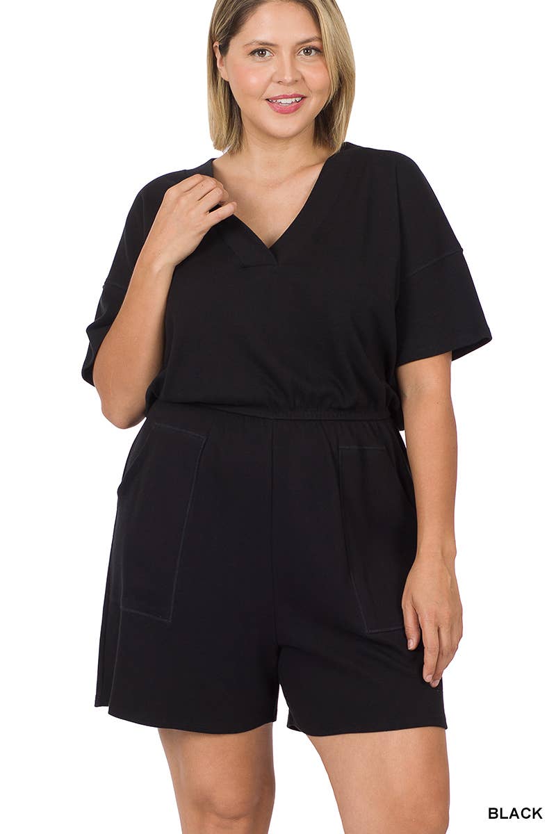 Plus Drop Shoulder V Neck Romper With Pockets