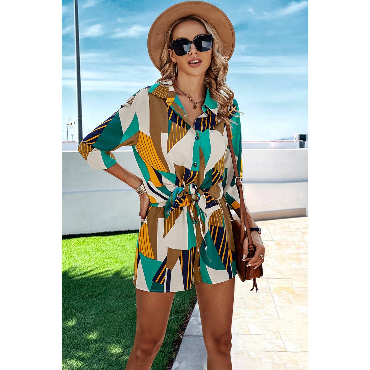 Graphic Print Open Front Pockets Blouse And Short