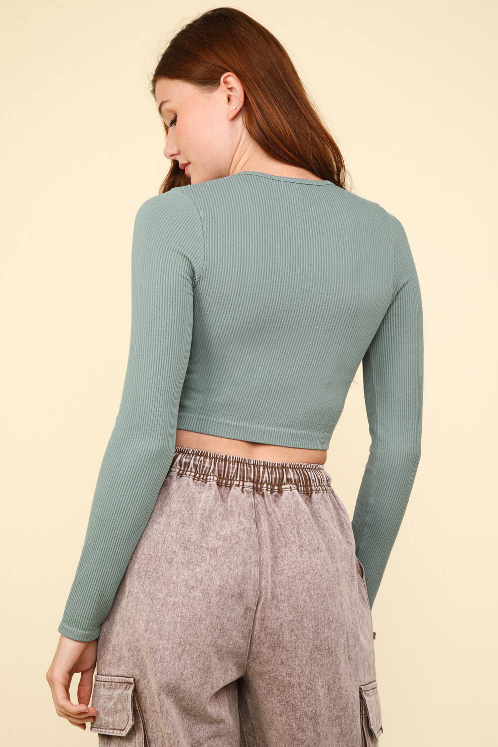 Easy comfy Casual Fitted Crop Henley Knit Top