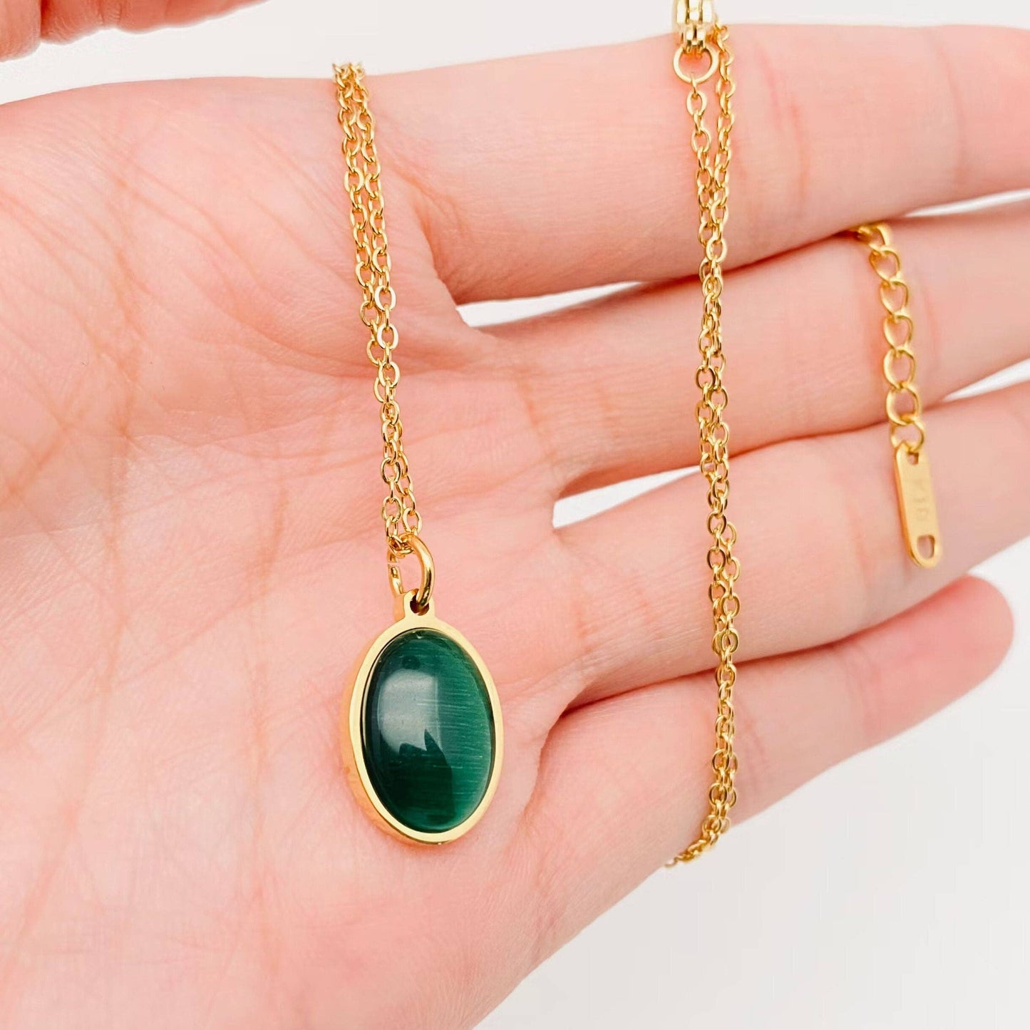 Oval Green Zircon Stainless Steel Pendant Necklace