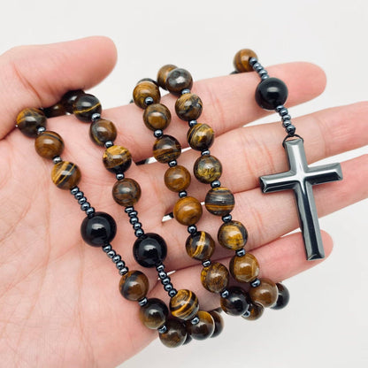 Tiger's Eye Stone Black Agate Beaded Cross Pendant Necklace