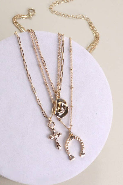 trio layer horseshoe cross charm necklace