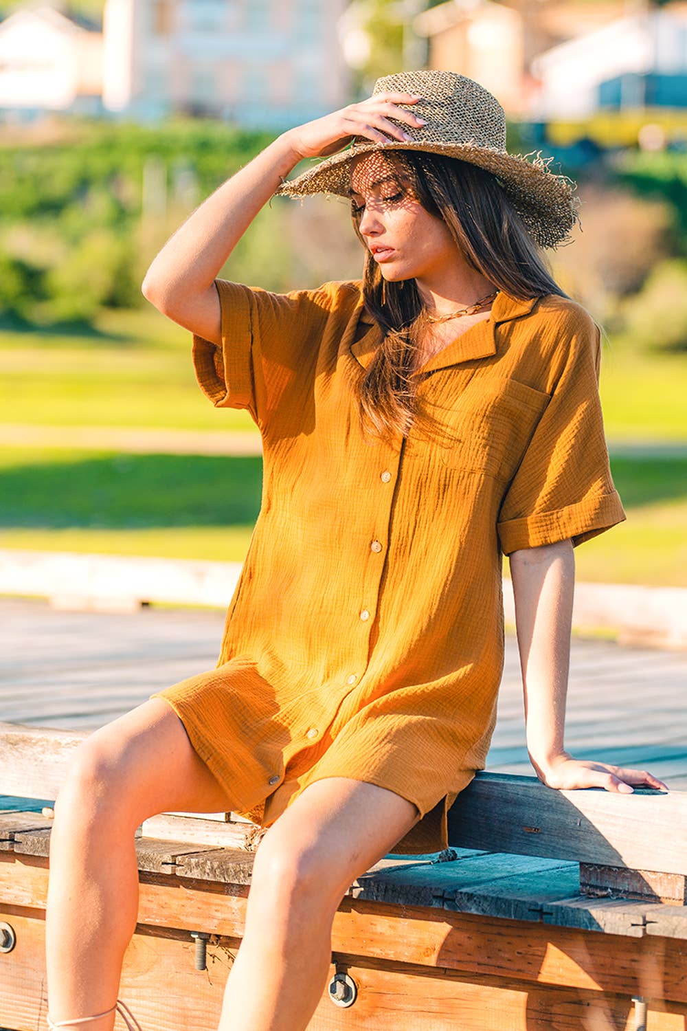 Half Sleeve Cutout Back Shirt Dress