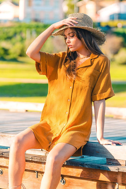 Half Sleeve Cutout Back Shirt Dress