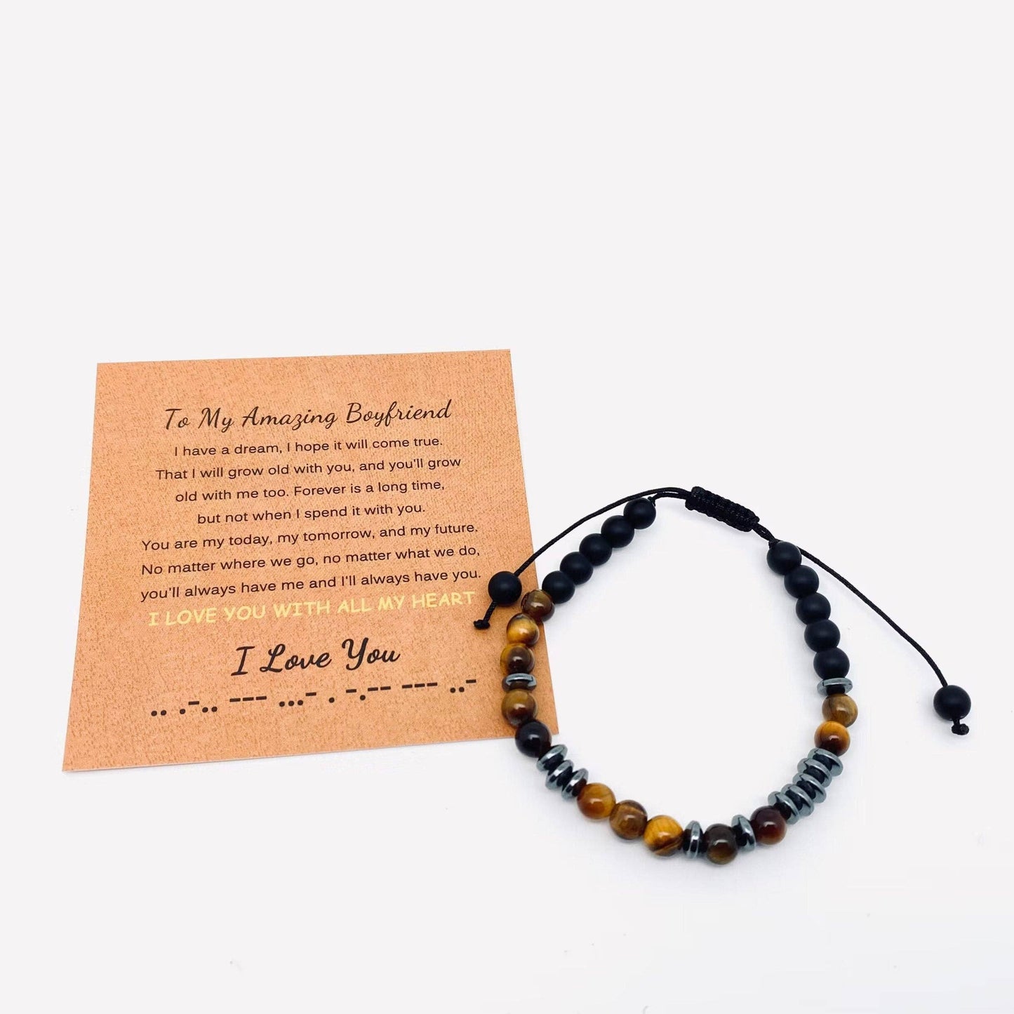 Morse Code "I Love you" Tiger's Eye Stone Gift Bracelets