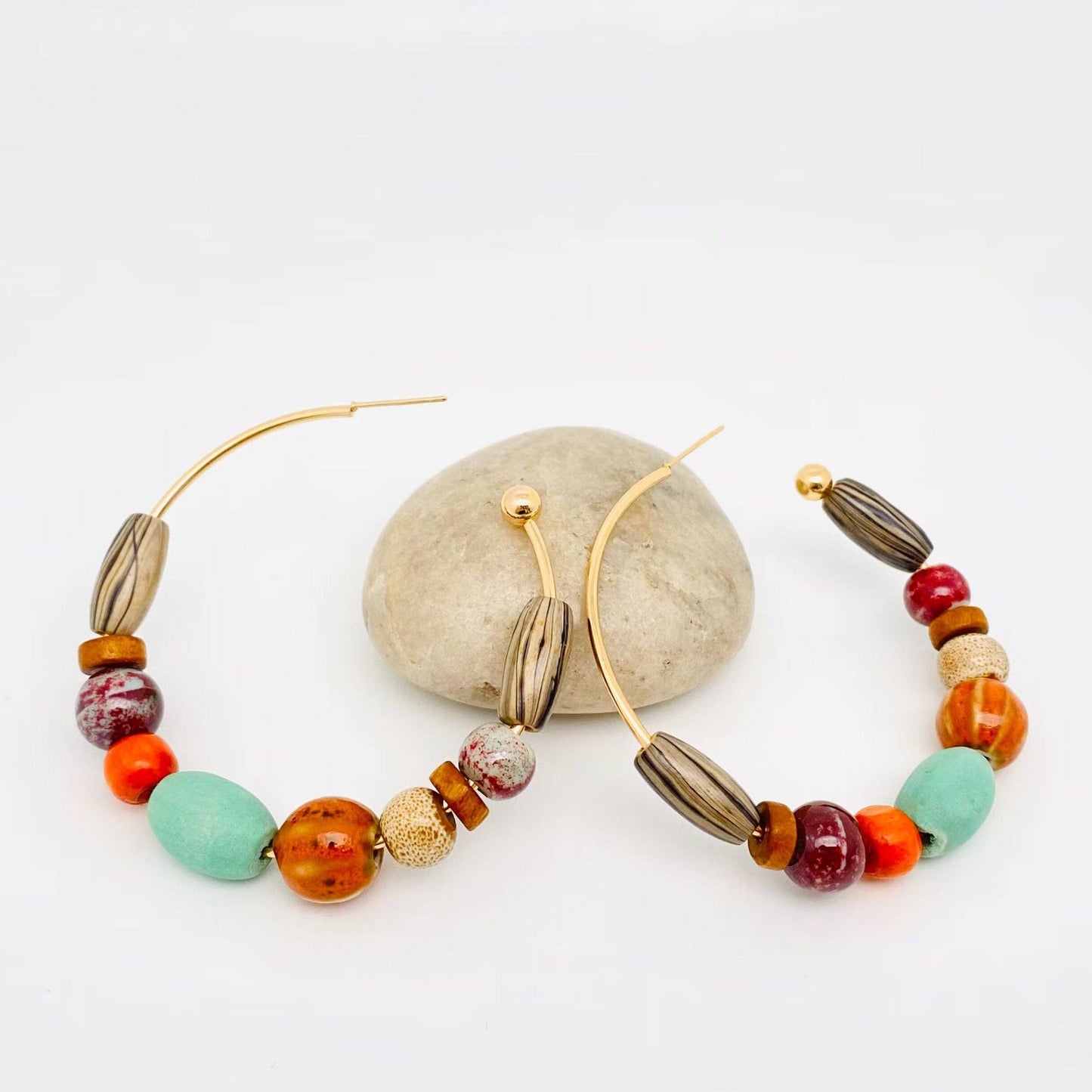 Bohemian Wood Beads Ceramic Beads Hoop Earrings
