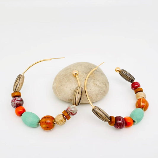 Bohemian Wood Beads Ceramic Beads Hoop Earrings