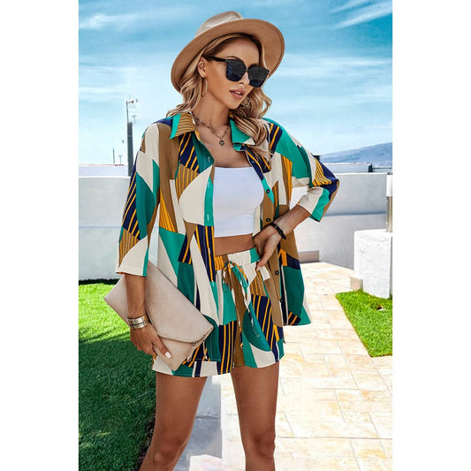 Graphic Print Open Front Pockets Blouse And Short
