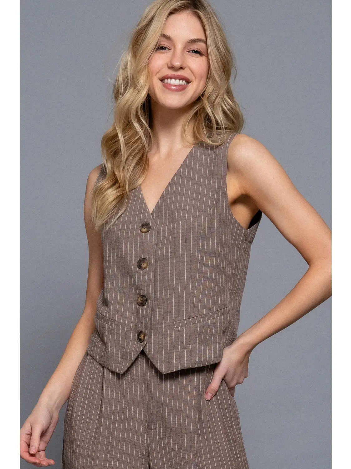 Straight Stripe Linen Effect Vest & Pant Set