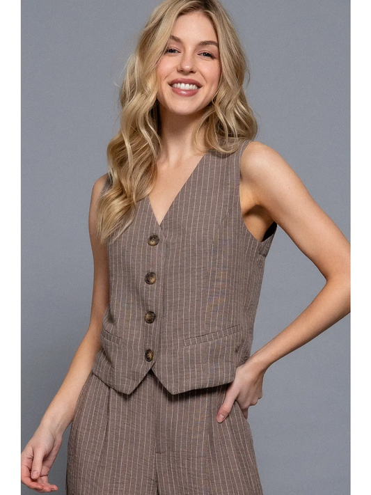 Straight Stripe Linen Effect Vest & Pant Set