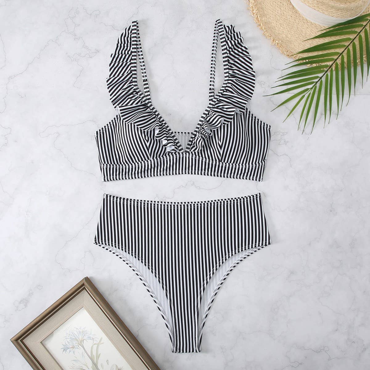 High-Waisted V-Neck Ruffled Bikini Swimsuit_CWMW0200