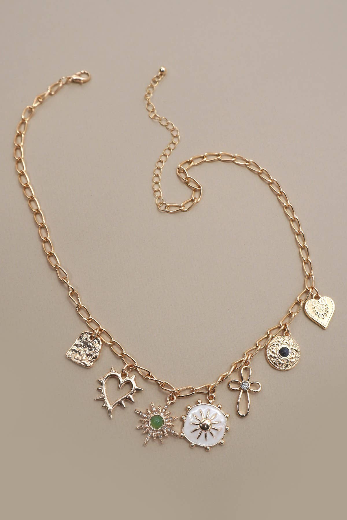 Charm Necklace-Heart Cross Sunburst Stone