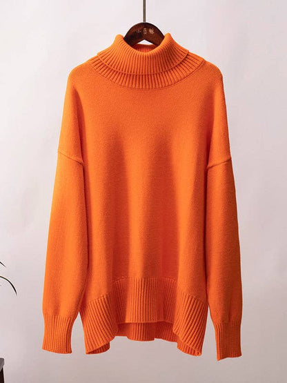 Long Sleeves Loose Solid Color High Neck Knitwear Sweater