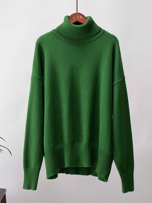 Long Sleeves Loose Solid Color High Neck Knitwear Sweater