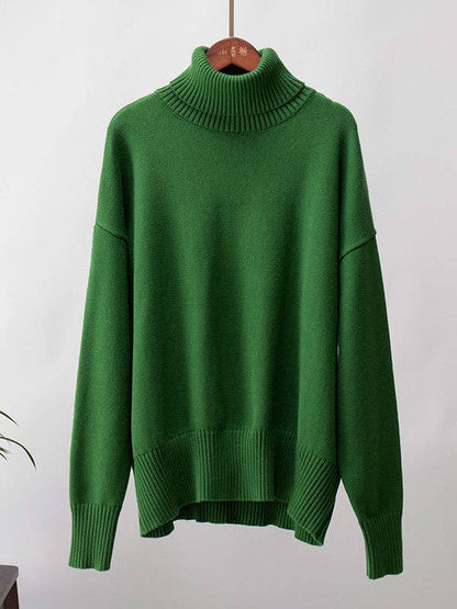 Long Sleeves Loose Solid Color High Neck Knitwear Sweater
